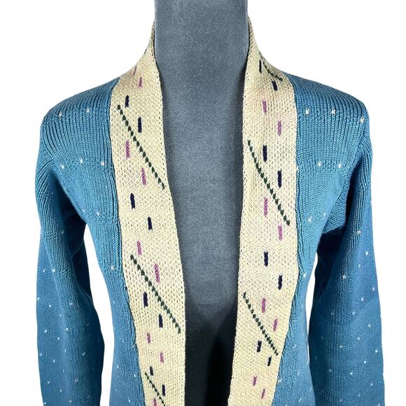 Mai-Anju Open Cardigan Sweater Women's XS/Small* Blue Tan Shawl Neck Cottage VTG - Picture 4 of 10